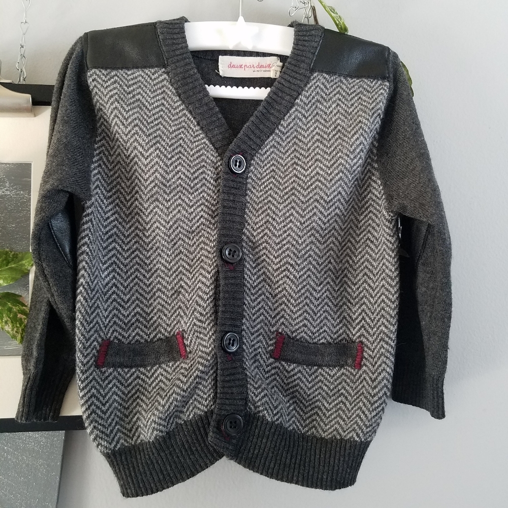 Deux Par Deux Faux Leather Elbow Cardigan‎ Sweater 18 M